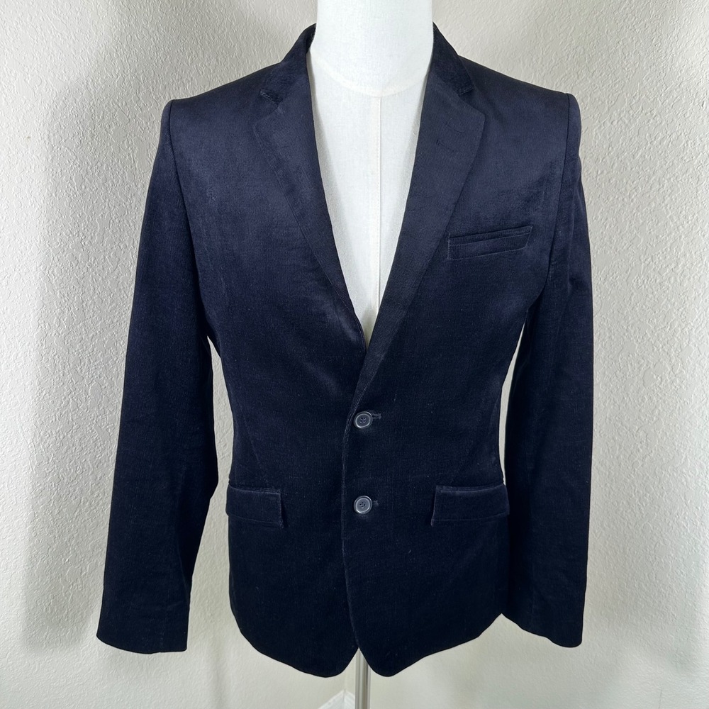 H&M Blazer Mens 38R Navy Blue Corduroy Slim Fit Sport Coat Jacket Dark Academia